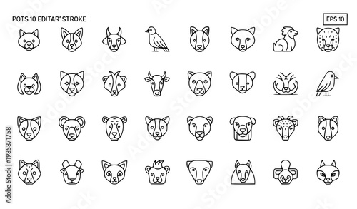 Pets farm wild animals linear icon set vector