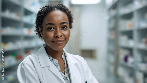 Confident friendly African American female pharmacist in white coat, smiling in pharmacy aisle. Healthcare and medical professionals concept