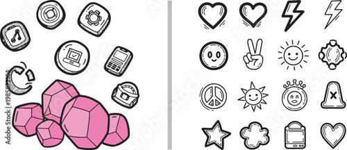 Set of hand drawn doodle icons and pink geometric shapes for creative design