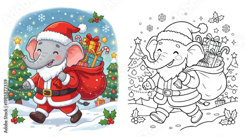 Christmas Elephant Santa Delivering Gifts Coloring Page for Holiday Fun