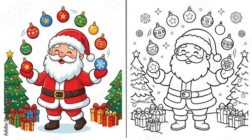 Christmas Santa Claus Juggling Ornaments for Coloring Book Page Fun Illustration