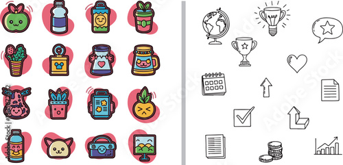 Set of cute kawaii colorful icons and black and white doodle business symbols