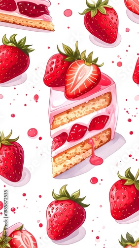 A seamless pattern featuring a cake slice with fresh strawberries and vibrant red droplets scattered across a white background