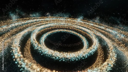 Rotating galaxy of golden and blue particles, swirling stardust in dark space.