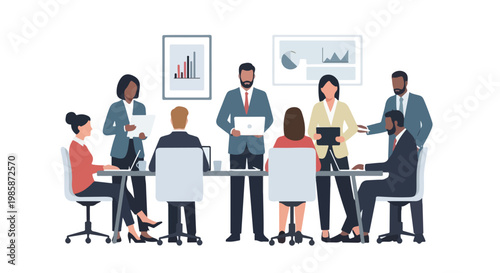 Diverse business professionals engage in a collaborative meeting within a modern office, analyzing data and sharing digital information.