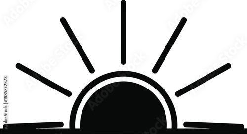 Rising sun icon design with rays and horizon line illustration, brightness