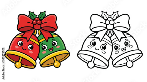 Christmas Jingling Bells Coloring Book Page with Cute Characters