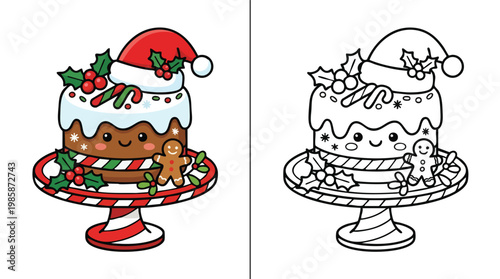 Christmas Cake Coloring Page with Festive Toppings and Gingerbread Man