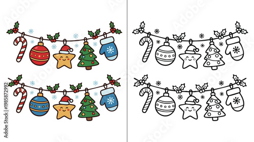 Christmas Holiday Coloring Page with Cute Decorative Elements and Outlines