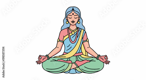Serene Indian woman meditating in lotus position with eyes closed wearing traditional attire and jewelry in a colorful vibrant vector illustration style