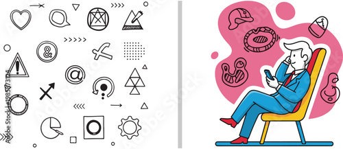 Businessman sitting in chair using smartphone with abstract doodle icons vector illustration