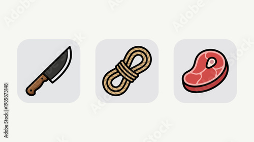 A simple illustration of a knife, a rope, and a raw steak, representing culinary tools and ingredients for cooking