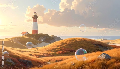 A serene landscape with a lighthouse on a sandy hill