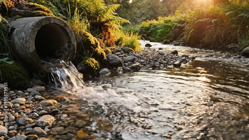Clean Treated Water Discharging from Concrete Pipe into Natural Rocky Stream