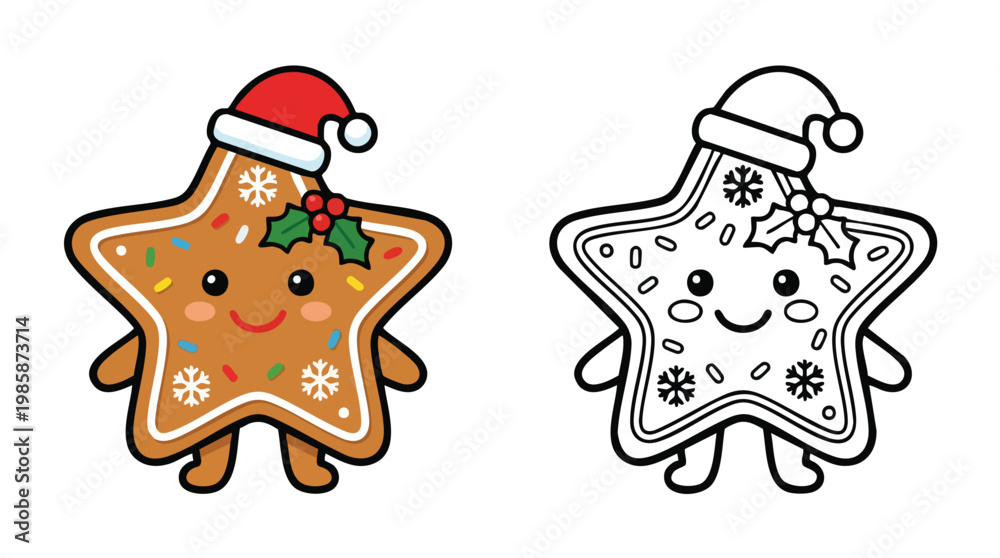 Fototapeta premium Christmas Gingerbread Star Character Coloring Page and Colored Version