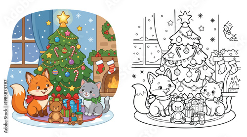 Christmas Festive Coloring Page with Cute Fox and Kitten Pets by Tree and Gifts