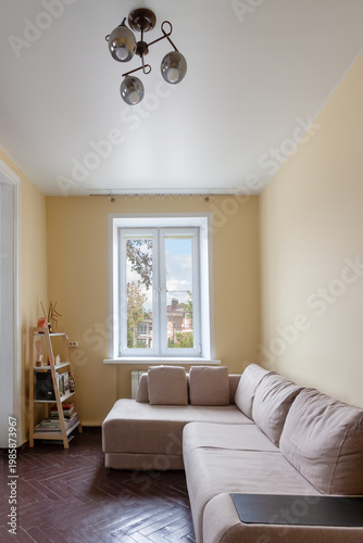 3D rendering minimalist living room interior with soft blur and natural light, real estate and rental apartment concept