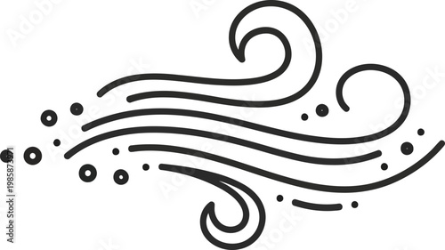 Abstract outline icon representing wind flow with swirling lines and tiny dust