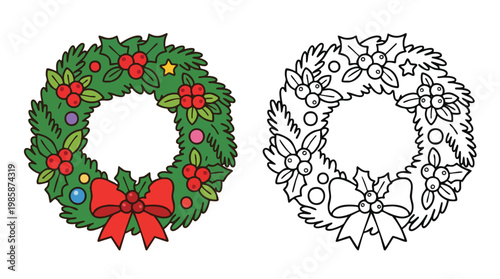 Christmas Wreath Coloring Page with Berries and Bow for Holiday Activities