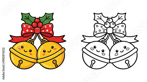Christmas Jingle Bells with Holly and Bow Coloring Page for Holiday Kids Activity