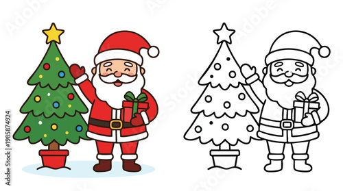 Christmas Santa Claus and Tree for Coloring Book and Holiday Activities