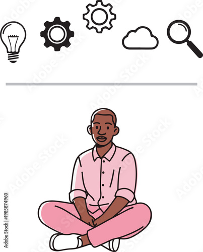 Man sitting cross-legged with business icons in a flat design illustration