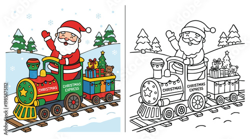 Christmas Coloring Page Santa Riding a Train with Presents in Snowy Landscape