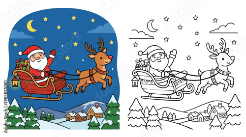 Christmas Santa Sleigh Flying with Reindeer over Winter Village Coloring Page Eps