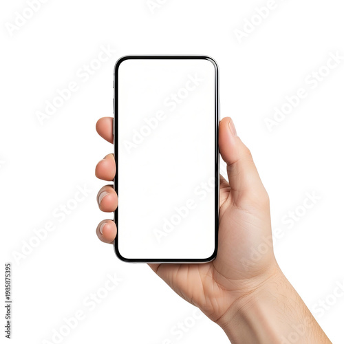 Modern smartphone mockup held in hand, blank white screen on mobile phone, isolated digital device for app presentation and web design