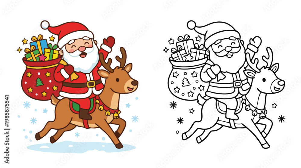 Naklejka premium Christmas Santa Claus Riding Reindeer Coloring Page for Holiday Kids Fun