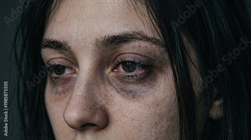Bruises and bags under the eyes of a tired woman concept. A close-up portrait showcasing emotional distress and vulnerability.