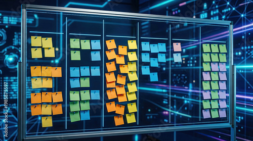 Agile scrum board with paper task for software development team methodologies concept. A colorful sticky note board representing brainstorming sessions.