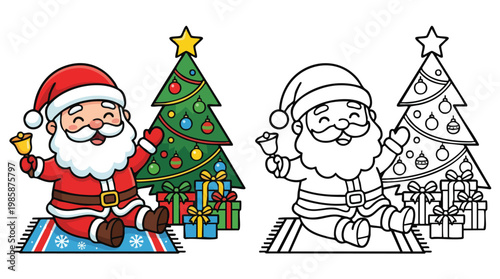 Christmas Santa Claus Coloring Page with Tree and Gifts for Festive Activities