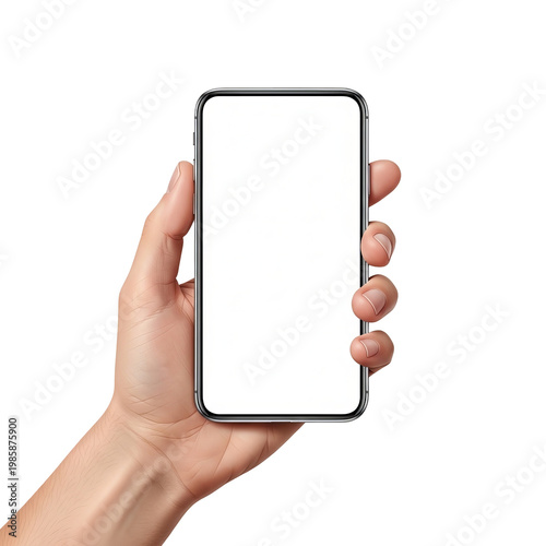 Modern smartphone mockup held by hand, blank white screen on mobile phone, isolated digital device for app presentation and web design
