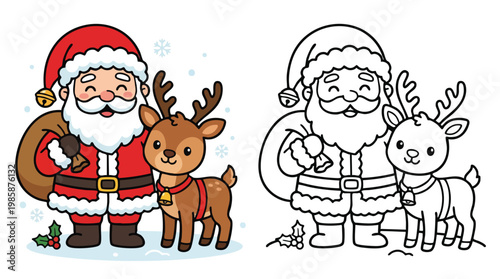 Christmas Santa and Reindeer Coloring Page for Children and Holiday Activities