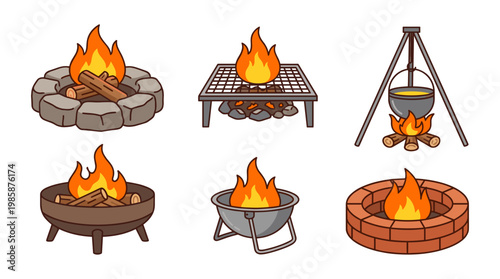 Colored vector illustration set of various outdoor fire pit designs including stone rings, metal bowls, a grill, and a camping cauldron, isolated on white background