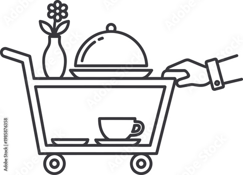 Hotel room service trolley with food platter and tea cup outline vector
