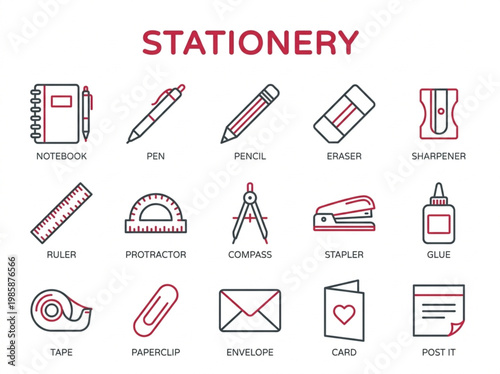 Complete set of fifteen professional stationery and office supply icons featuring essential school and workplace tools in a clean red and grey line-art style