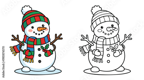 Christmas Snowman Coloring Page with Festive Hat Scarf and Mittens