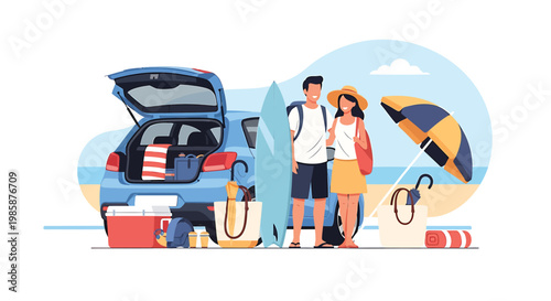 Beach Vacation, Summer Road Trip, Travel Illustration, Vector Couple