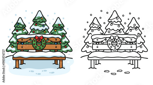 Christmas Tree Bench Coloring Page for Holiday Kids Activities