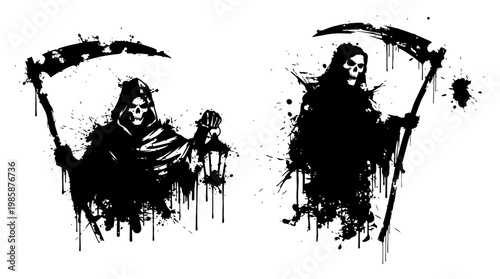 Schilderij op canvas Grim reaper with scythe and lantern in messy ink splatter style
