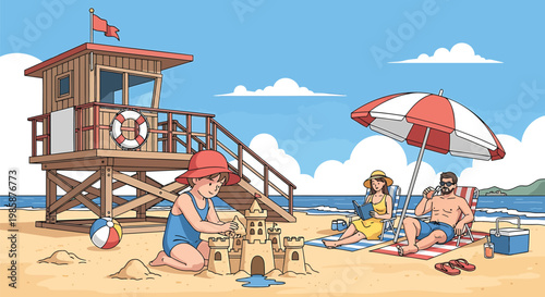 Beach, summer, vector illustration, kids playing, sandcastle, lifeguard tower, beach umbrella, sunny day
