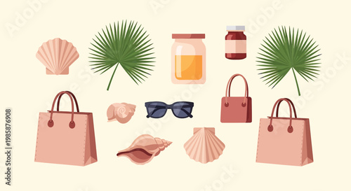 Summer vacation accessories, beach essentials, travel items, pink handbags