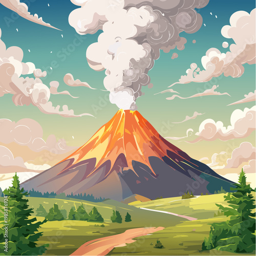 Ein majestätischer Vulkangipfel erhebt sich über eine raue, zerklüftete Landschaft