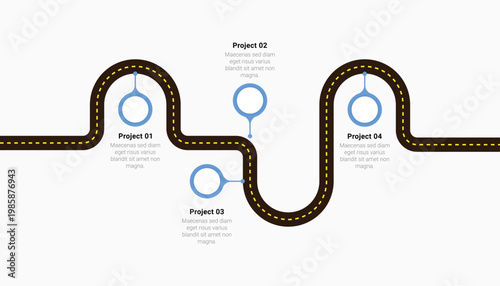 Business Roadmap Infographic with 4 Project Steps on Winding Road