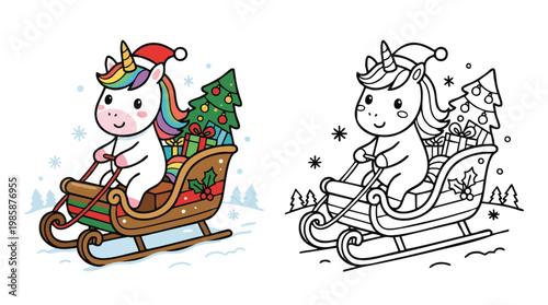 Christmas Unicorn Riding Sleigh with Gifts Coloring Page for Kids Celebration