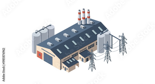 Isometric illustration of a modern industrial factory complex, representing manufacturing, energy production, and economic infrastructure