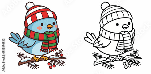 Christmas Winter Bird Coloring Page Vector Illustration for Holiday Activities