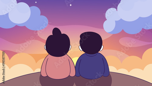 Two children sitting together watching a sunset over the ocean at dusk